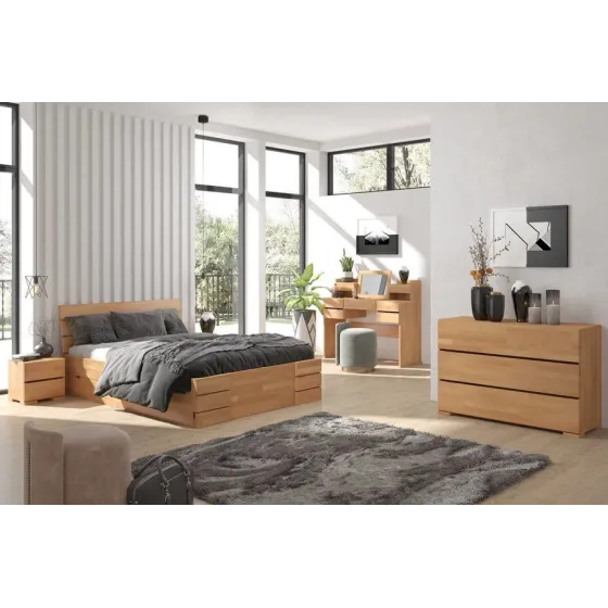 Lit en bois massif avec rangement chambre adulte collection INDIGO
