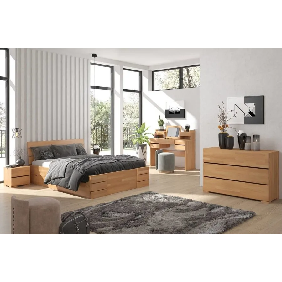 Lit en bois massif avec rangement chambre adulte collection INDIGO