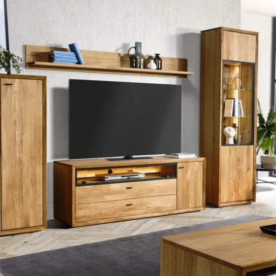 Meuble TV en chêne massif avec lumières LED incluses FACTORY