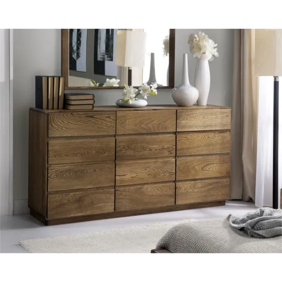 Commode bois chambre chêne naturel brossé 3 tiroirs 3 portes VOLA