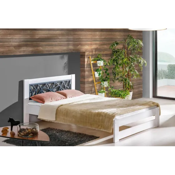Lit en pin massif finition blanc avec tête de lit anthracite collection WHITE