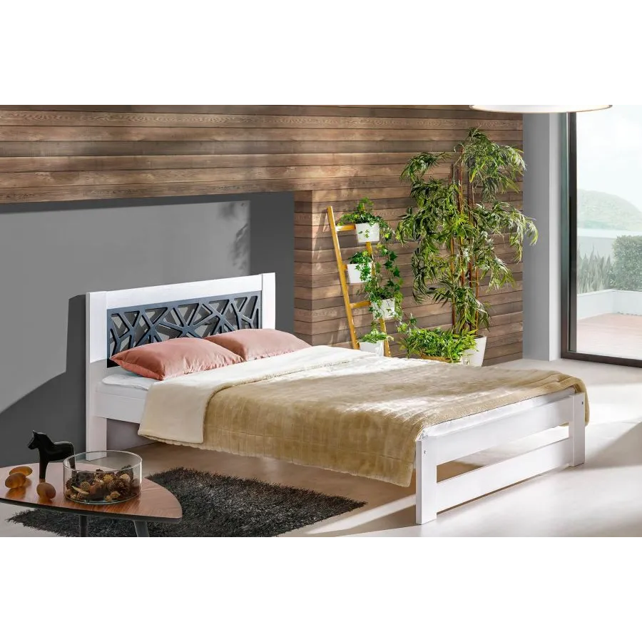 Lit en pin massif finition blanc avec tête de lit anthracite collection WHITE
