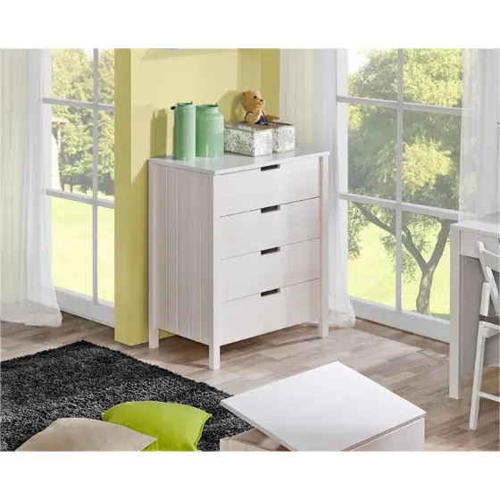 Commode blanche et bois 4 tiroirs chambre enfant TOM
