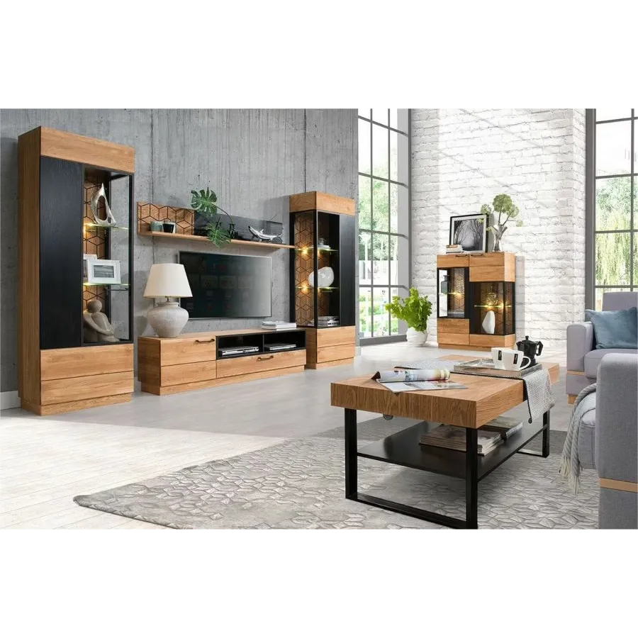Vitrine industrielle bois et métal chêne naturel 1 porte DIAMOND