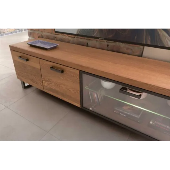 Meuble TV noir et bois finition chêne naturel pieds métal FLOW