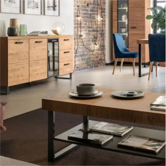 Mobilier en bois chêne naturel et métal noir style loft collection FLOW