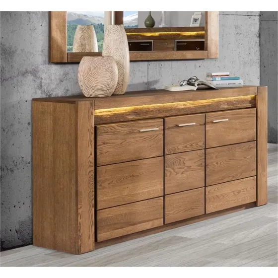 Buffet chêne massif 3  portes avec lumières LED incluses collection BAROS
