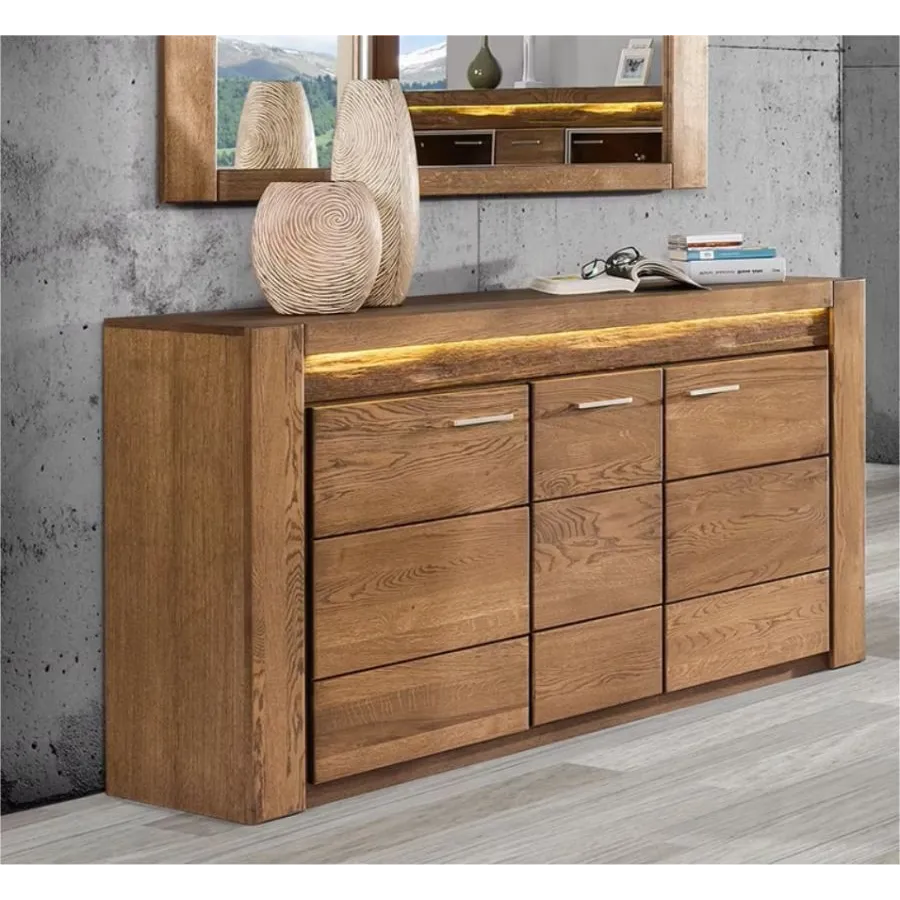 Buffet chêne massif 3  portes avec lumières LED incluses collection BAROS