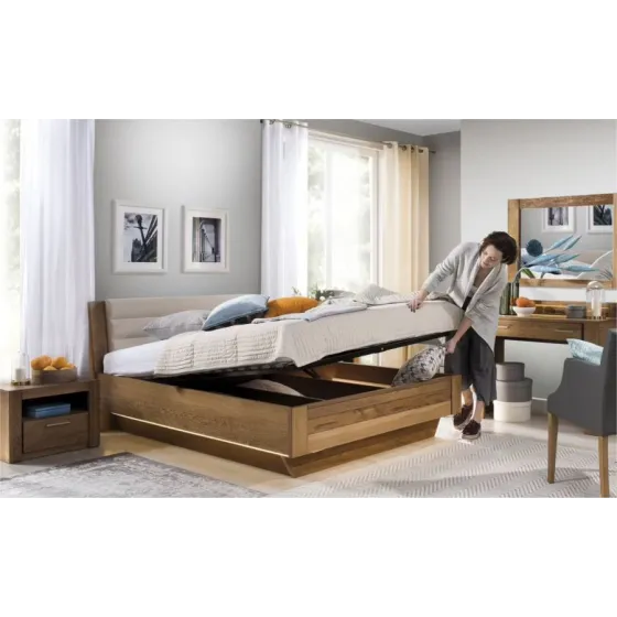 Lit coffre en bois gain de place avec son coffre et  sommier relevable collection BAROS
