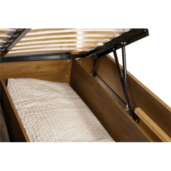 Lit coffre chêne 140x200 finition naturel tête lit tissu BAROS
