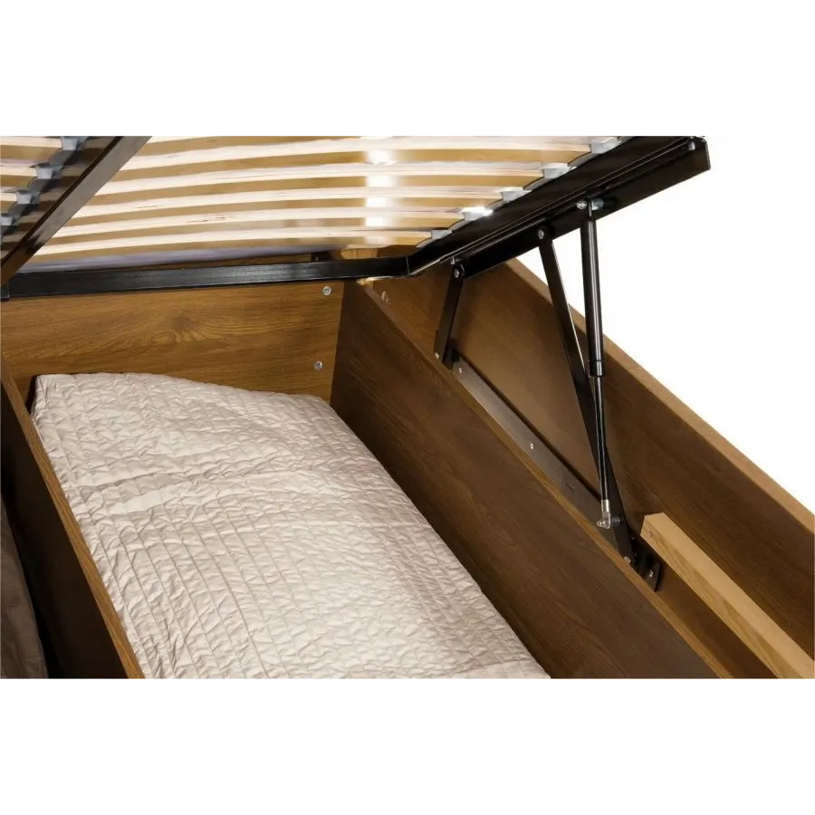 Lit coffre chêne 140x200 finition naturel tête lit tissu BAROS