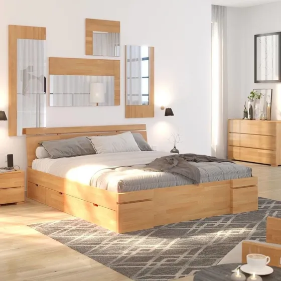 Lit 160x200 avec rangement bois massif chambre adulte collection NOTTE