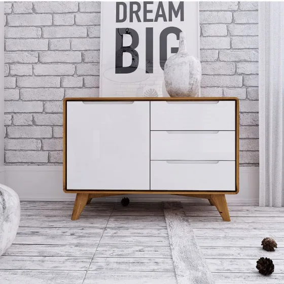 Commode 3 tiroirs blanc et bois collection Sven