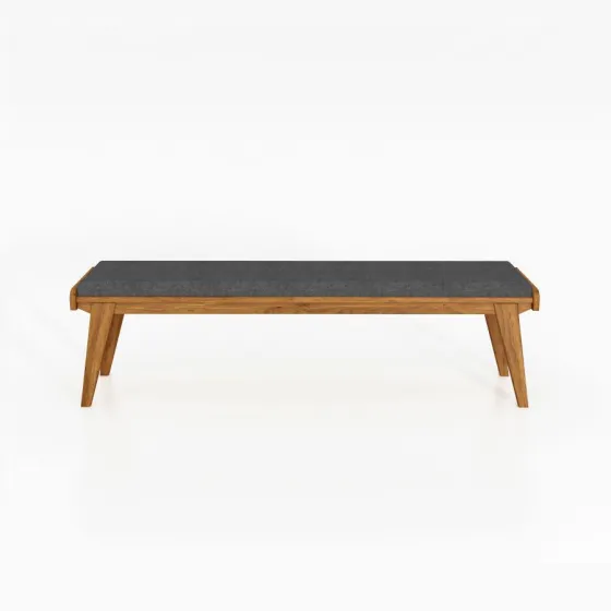 Banc en bois chêne massif  assise rembourrée tissu gris VINTAGE