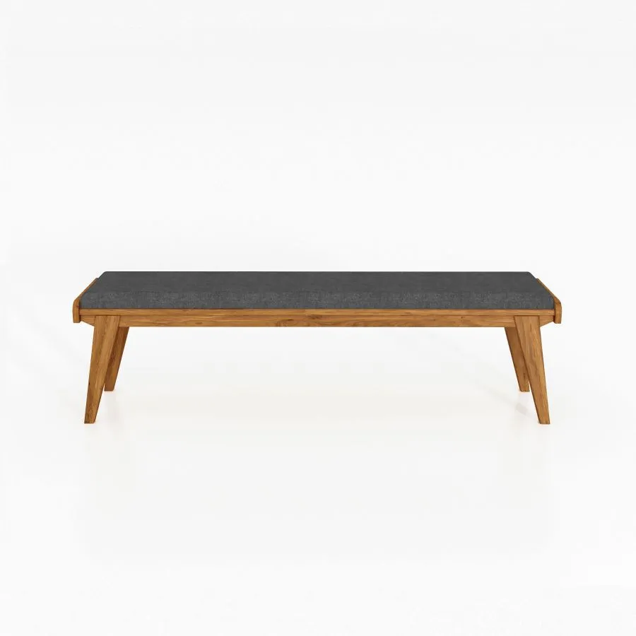 Banc en bois chêne massif  assise rembourrée tissu gris VINTAGE