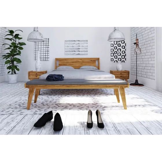 Banc en bois chêne massif  assise rembourrée tissu gris VINTAGE