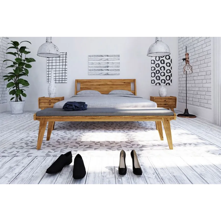 Banc en bois chêne massif  assise rembourrée tissu gris VINTAGE