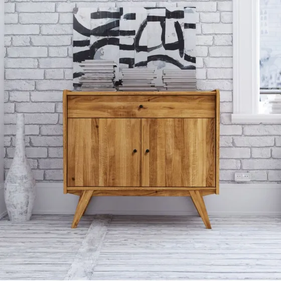 Commode en bois massif naturel 1, 2 portes style rétro VINTAGE