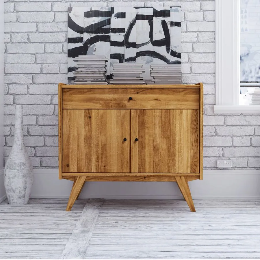 Commode en bois massif naturel 1, 2 portes style rétro VINTAGE