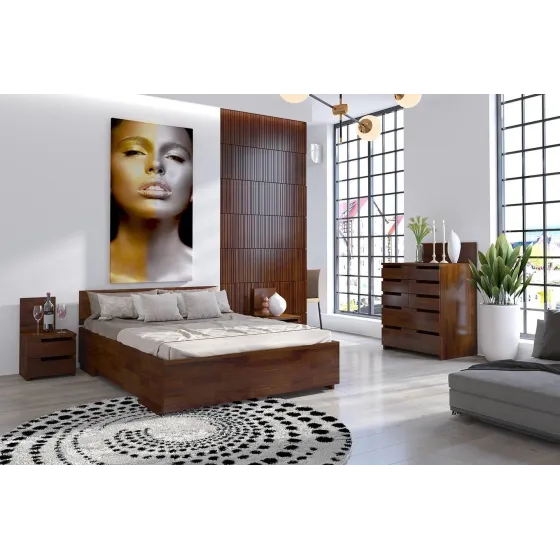 Lit coffre en bois pin finition noyer collection Noko