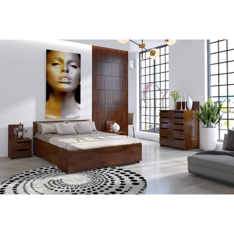 Lit coffre en bois pin finition noyer collection Noko