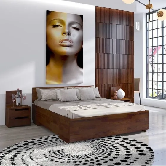 Lit coffre bois pin noyer chambre adulte collection Noko