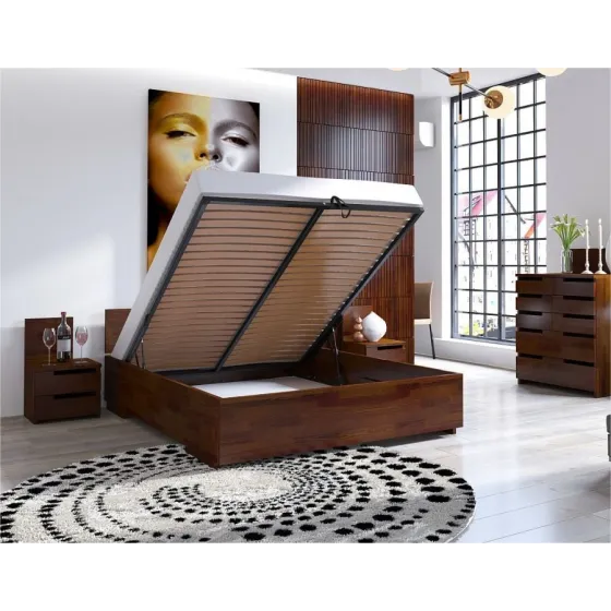 Lit coffre bois pin massif finition noyer design collection NOKO