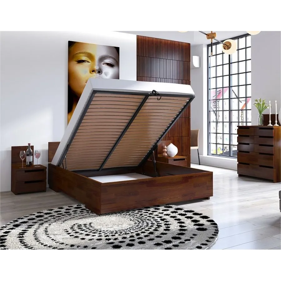 Lit coffre bois pin massif finition noyer design collection NOKO