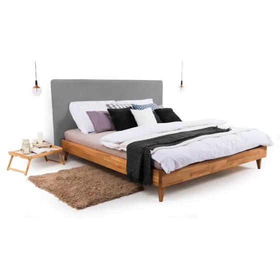 Lit en chêne massif avec tête de lit tissu gris  gamme Tivoli