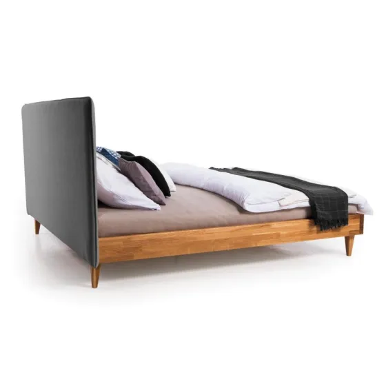 Lit chêne naturel avec tête de lit tissu gris  gamme Tivoli
