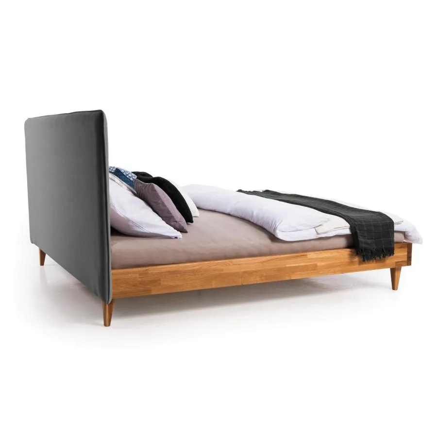 Lit chêne naturel avec tête de lit tissu gris  gamme Tivoli