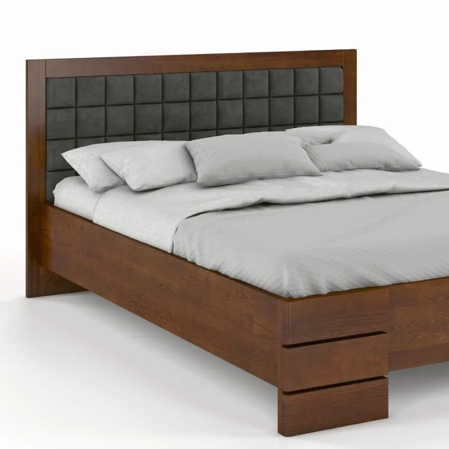Lit en pin massif noyer avec tête de lit tissu collection PRADO