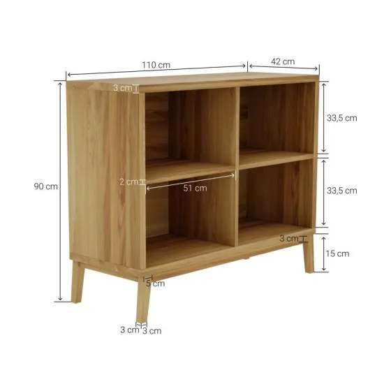 Dimensions bibliothèque basse bois 4 espaces de rangement collection Luzz