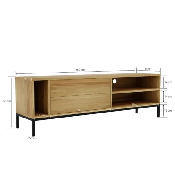 Meuble TV en chêne et pieds acier noir collection Smooth