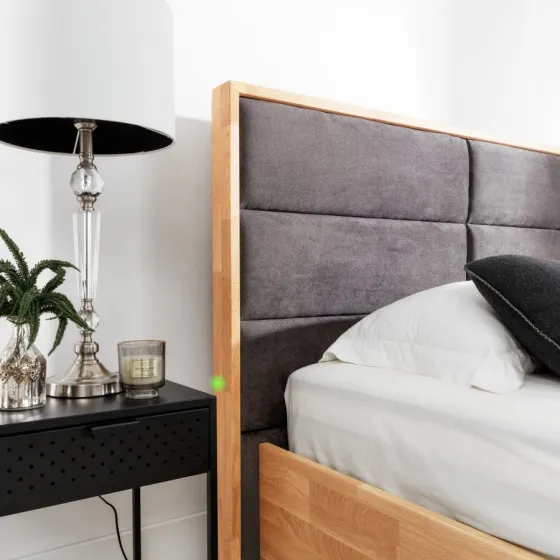 Lit coffre bois tête de lit capitonnée graphite collection TRIVIO