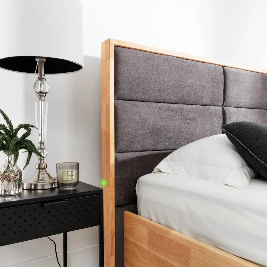 Lit coffre bois tête de lit capitonnée graphite collection TRIVIO