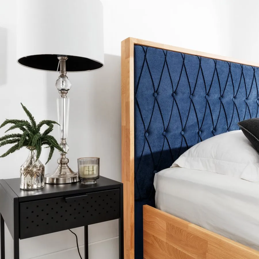 Lit coffre bois 180x200 tête de lit capitonnée couleur bleu navy collection Trivio