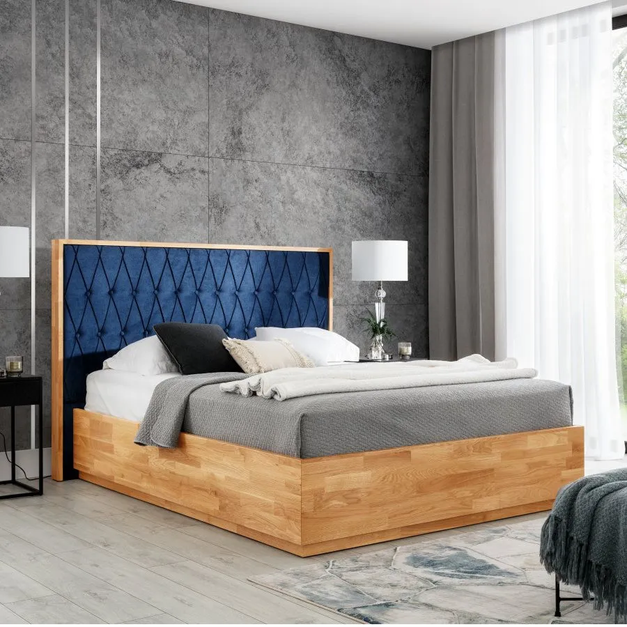 Lit coffre bois 180x200 tête de lit matelassée bleu navy collection Trivio