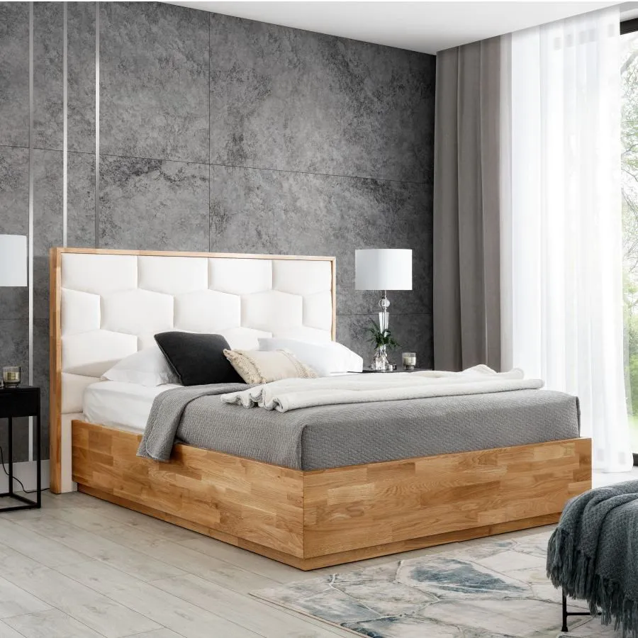 Lit coffre bois chêne 160x200 finition blanc collection TRIVIO