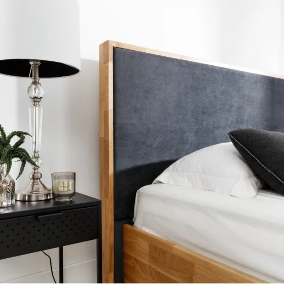 Lit coffre 140x200 chêne tête de lit tissu bleu gris collection TRIVIO