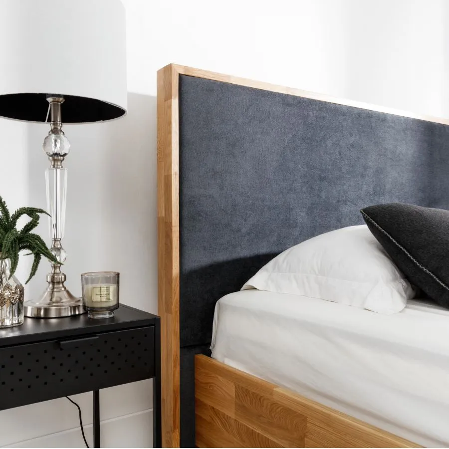 Lit coffre 140x200 chêne tête de lit tissu bleu gris collection TRIVIO