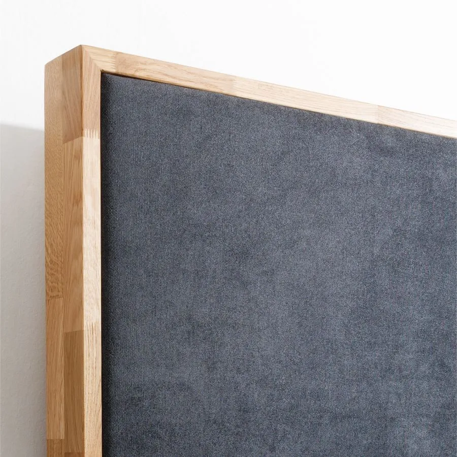 Lit coffre 140x200 chêne tête de lit capitonnée bleu gris collection TRIVIO