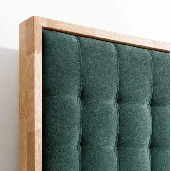 Lit coffre 180x200 chêne avec tête de lit tissu vert collection TRIVIO