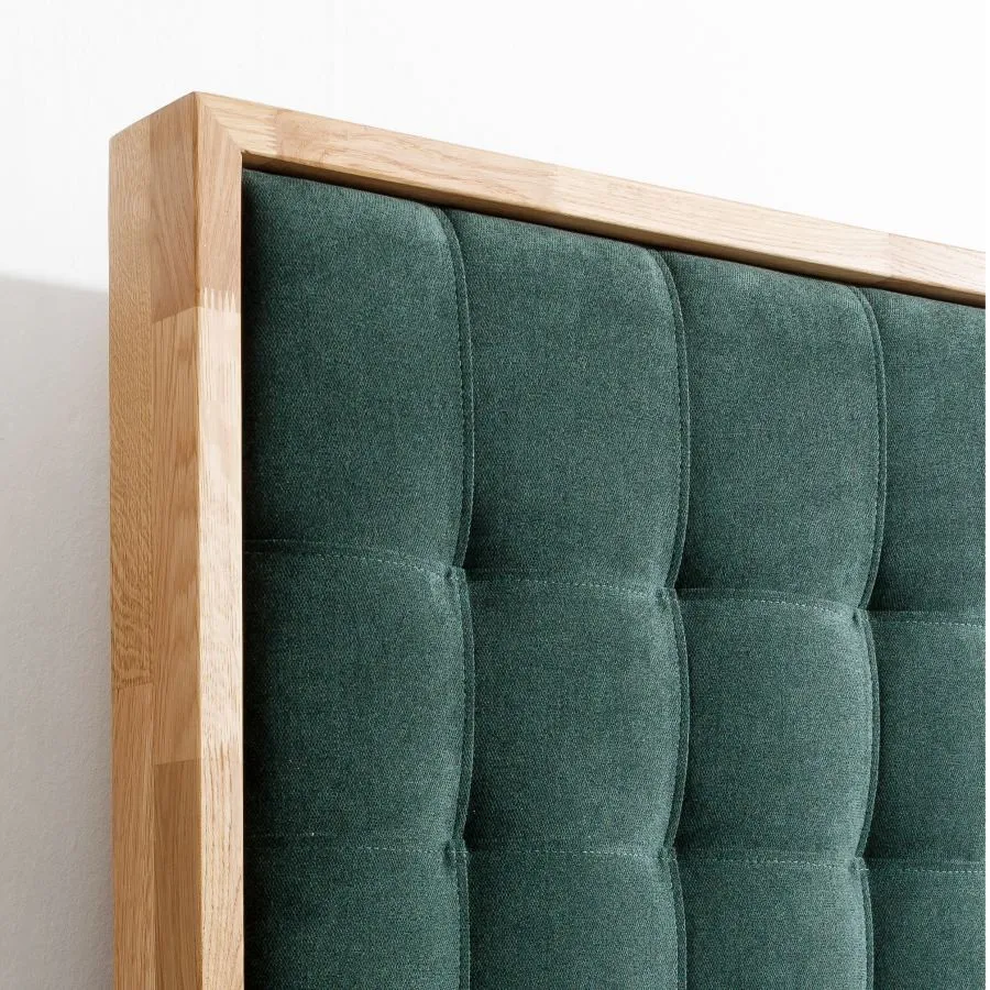 Lit coffre 180x200 chêne avec tête de lit tissu vert collection TRIVIO