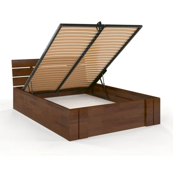 Lit coffre bois pin massif coloris noyer sommier relevable collection Largo