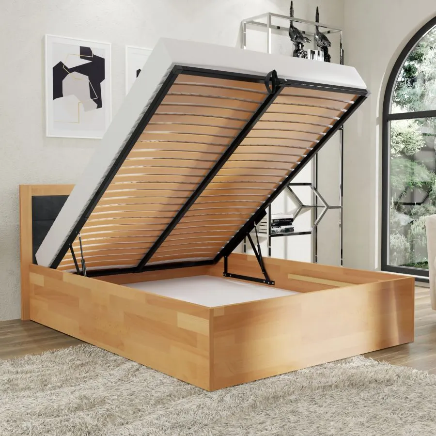 Lit coffre bois tête de lit capitonnée collection ARUNA