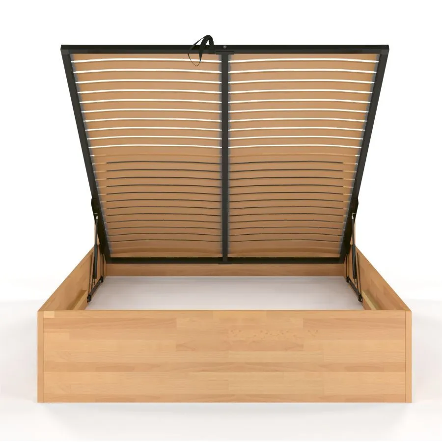 Lit coffre bois  sommier relevable et  tête de capitonnée collection ARUNA