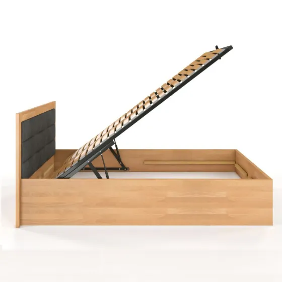 Lit coffre bois naturel tête de lit capitonnée collection ARUNA