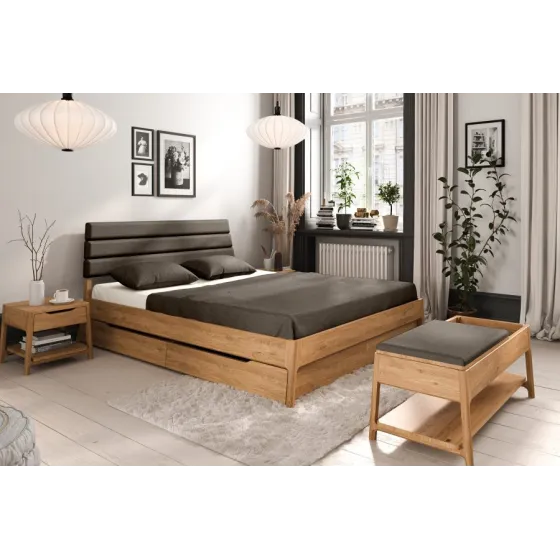 Lit bois tiroir tête de lit capitonée marron collection TWIST