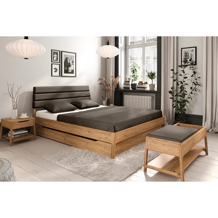 Lit bois tiroir tête de lit capitonée marron collection TWIST